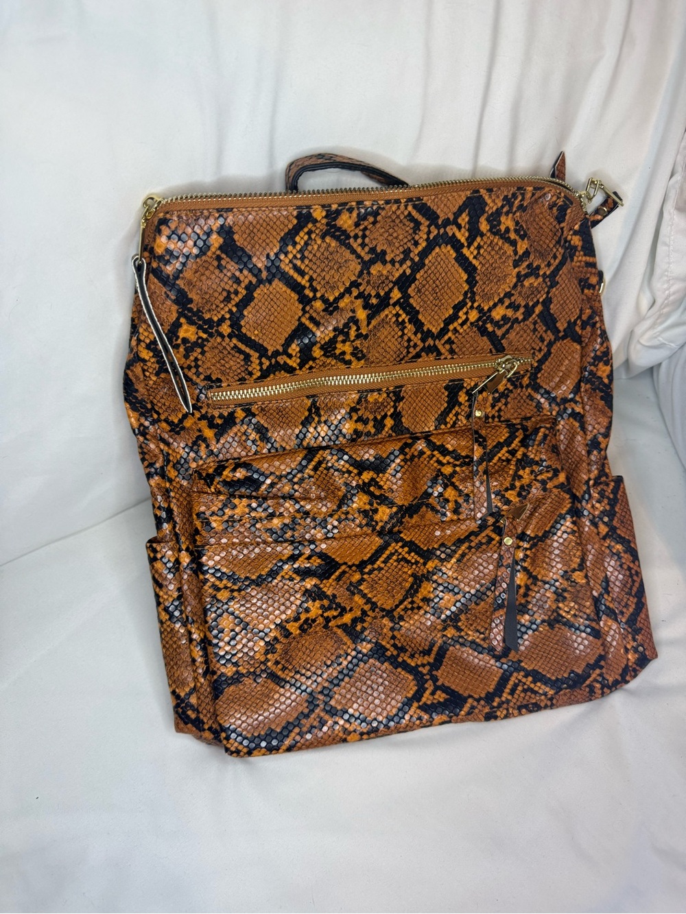 Snake-Print Faux Leather Backpack - Brown